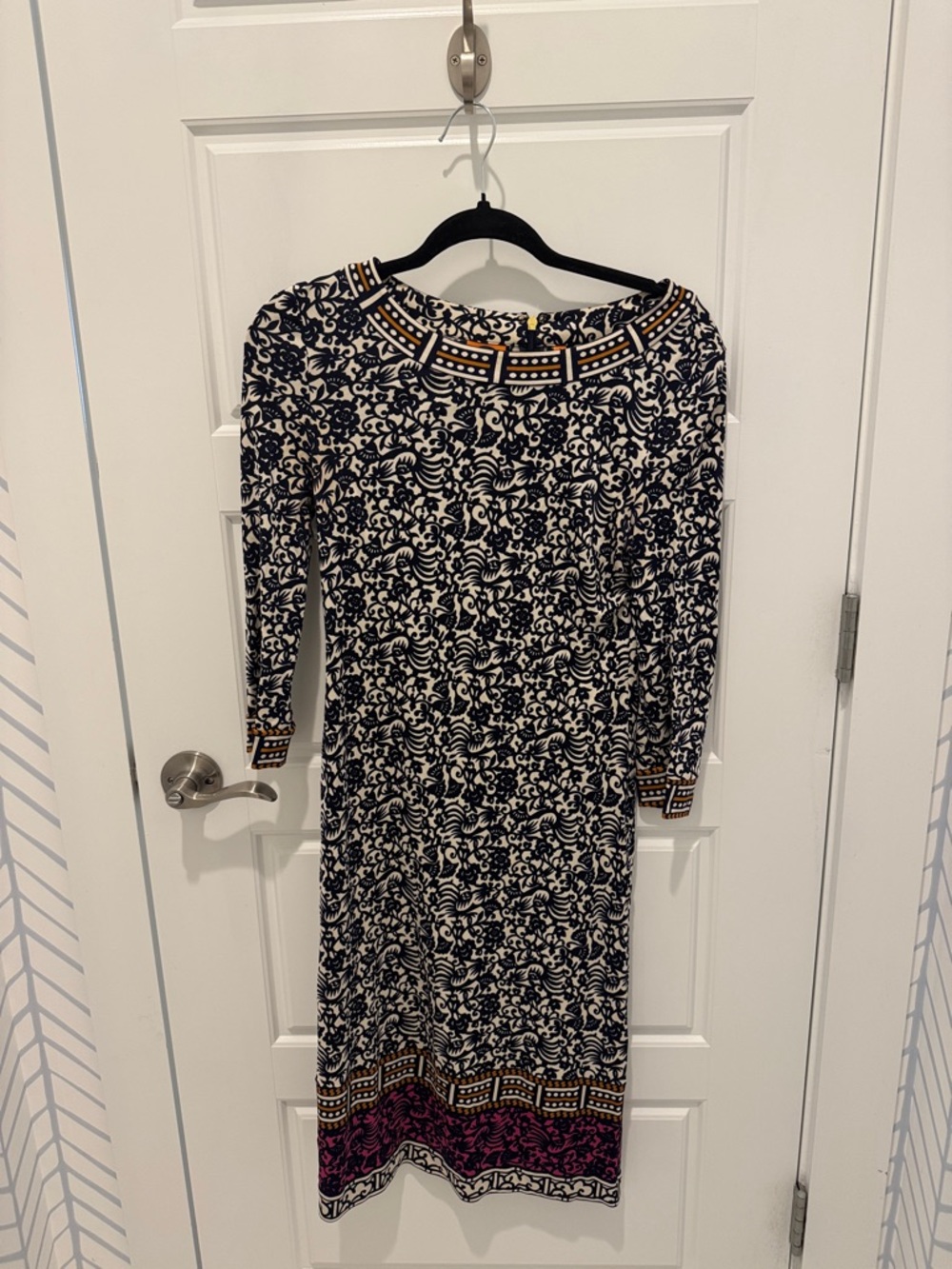 Tory Burch Black and Cream Long Sleeve Midi Dress with Pink Border